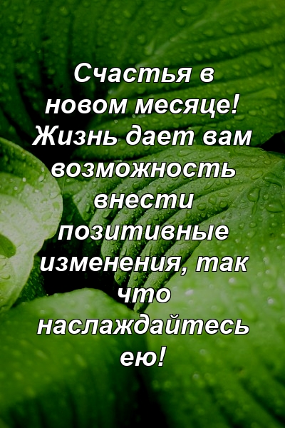 Счастья в новом месяце! Жизнь дает вам возможность внести позитивные изменения, так что наслаждайтесь ею!