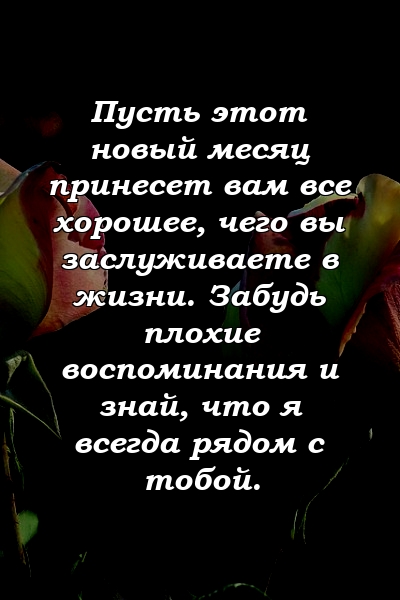 Пусть этот новый месяц принесет вам все хорошее, чего вы заслуживаете в жизни. Забудь плохие воспоминания и знай, что я всегда рядом с тобой.