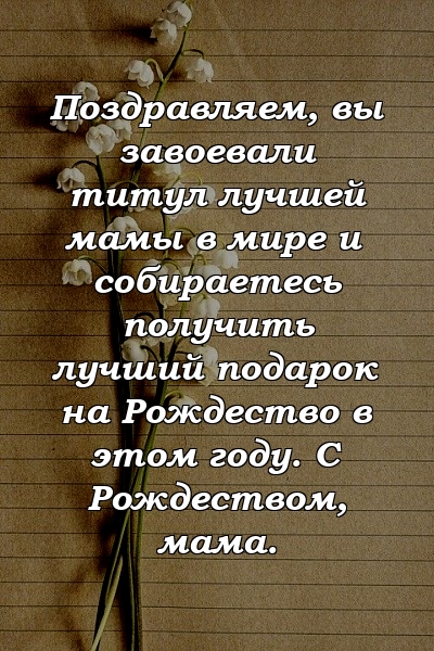 Поздравляем, вы завоевали титул лучшей мамы в мире и собираетесь получить лучший подарок на Рождество в этом году. С Рождеством, мама.