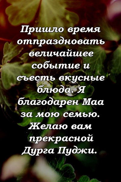 Пришло время отпраздновать величайшее событие и съесть вкусные блюда. Я благодарен Маа за мою семью. Желаю вам прекрасной Дурга Пуджи.