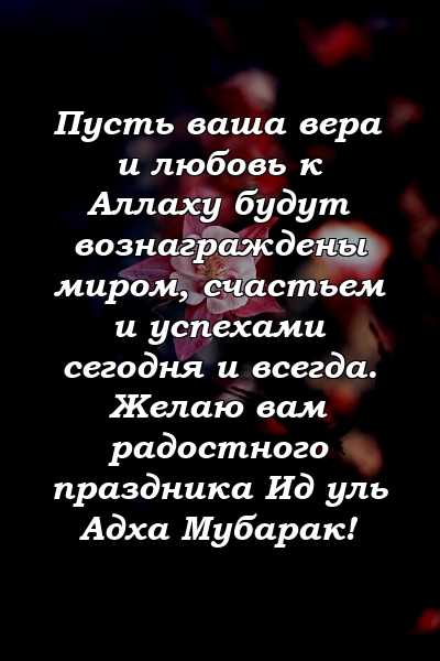 Пусть ваша вера и любовь к Аллаху будут вознаграждены миром, счастьем и успехами сегодня и всегда. Желаю вам радостного праздника Ид уль Адха Мубарак!