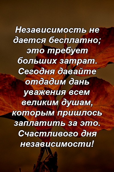 Независимость не дается бесплатно; это требует больших затрат. Сегодня давайте отдадим дань уважения всем великим душам, которым пришлось заплатить за это. Счастливого дня независимости!