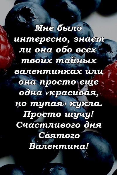 Мне было интересно, знает ли она обо всех твоих тайных валентинках или она просто еще одна «красивая, но тупая» кукла. Просто шучу! Счастливого дня Святого Валентина!