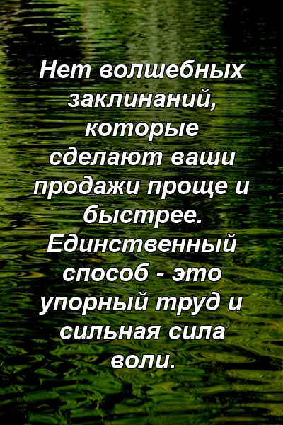 Нет волшебных заклинаний, которые сделают ваши продажи проще и быстрее. Единственный способ - это упорный труд и сильная сила воли.