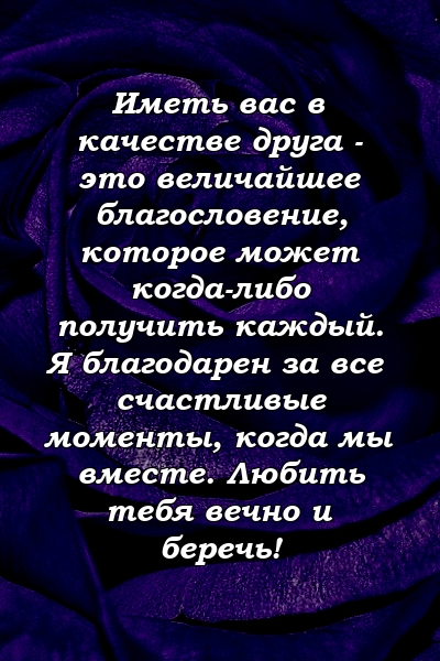 Иметь вас в качестве друга - это величайшее благословение, которое может когда-либо получить каждый. Я благодарен за все счастливые моменты, когда мы вместе. Любить тебя вечно и беречь!