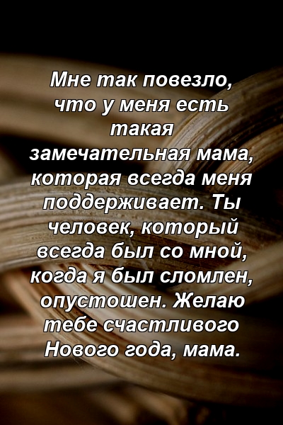 Мне так повезло, что у меня есть такая замечательная мама, которая всегда меня поддерживает. Ты человек, который всегда был со мной, когда я был сломлен, опустошен. Желаю тебе счастливого Нового года, мама.