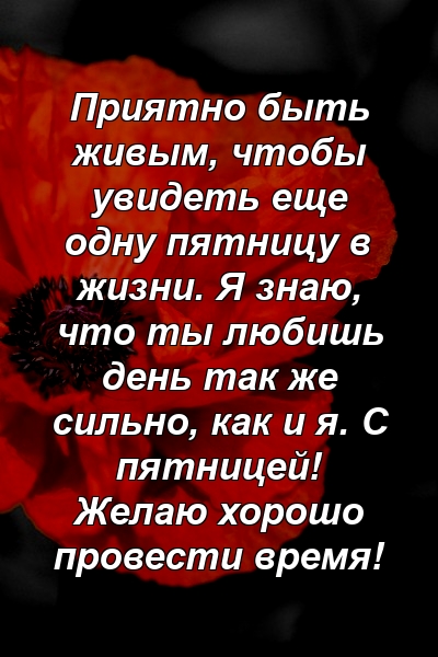 Приятно быть живым, чтобы увидеть еще одну пятницу в жизни. Я знаю, что ты любишь день так же сильно, как и я. С пятницей! Желаю хорошо провести время!