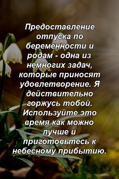 Предоставление отпуска по беременности и родам - ​​одна из немногих задач, которые приносят удовлетворение. Я действительно горжусь тобой. Используйте это время как можно лучше и приготовьтесь к небесному прибытию.