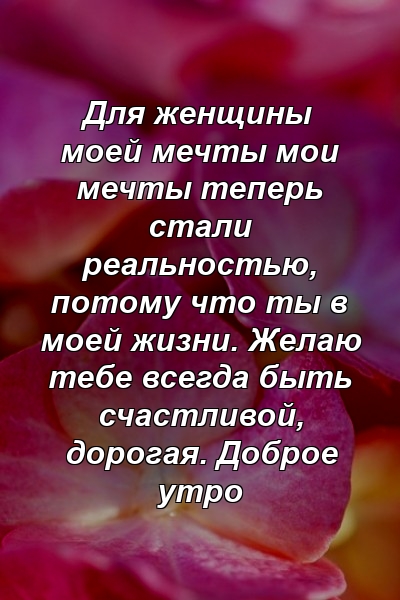 Для женщины моей мечты мои мечты теперь стали реальностью, потому что ты в моей жизни. Желаю тебе всегда быть счастливой, дорогая. Доброе утро