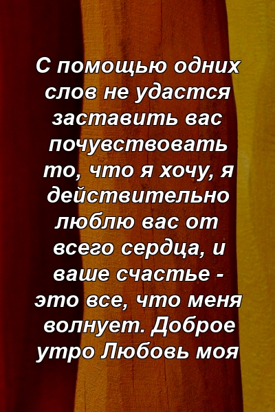 С помощью одних слов не удастся заставить вас почувствовать то, что я хочу, я действительно люблю вас от всего сердца, и ваше счастье - это все, что меня волнует. Доброе утро Любовь моя