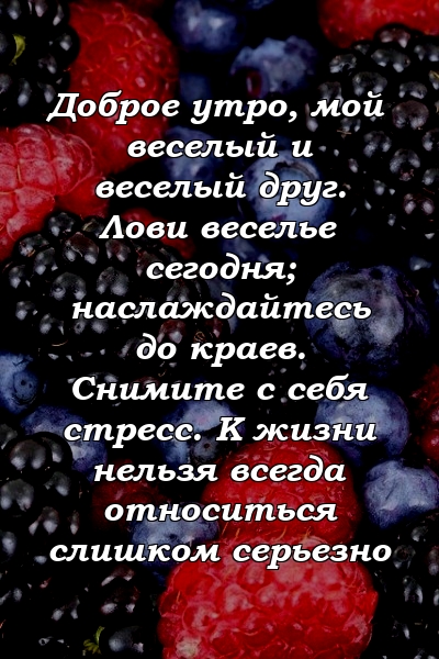 Доброе утро, мой веселый и веселый друг. Лови веселье сегодня; наслаждайтесь до краев. Снимите с себя стресс. К жизни нельзя всегда относиться слишком серьезно