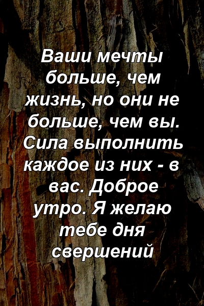 Ваши мечты больше, чем жизнь, но они не больше, чем вы. Сила выполнить каждое из них - в вас. Доброе утро. Я желаю тебе дня свершений