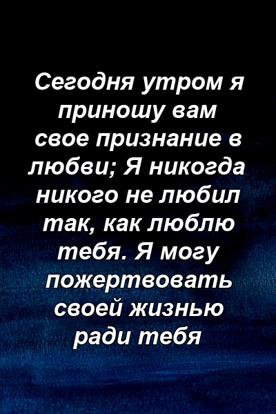 Сегодня утром я приношу вам свое признание в любви; Я никогда никого не любил так, как люблю тебя. Я могу пожертвовать своей жизнью ради тебя