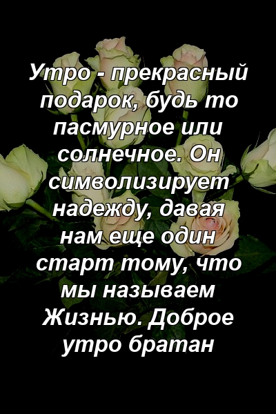 Утро - прекрасный подарок, будь то пасмурное или солнечное. Он символизирует надежду, давая нам еще один старт тому, что мы называем Жизнью. Доброе утро братан