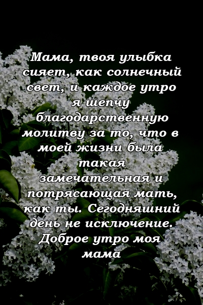 Мама, твоя улыбка сияет, как солнечный свет, и каждое утро я шепчу благодарственную молитву за то, что в моей жизни была такая замечательная и потрясающая мать, как ты. Сегодняшний день не исключение. Доброе утро моя мама