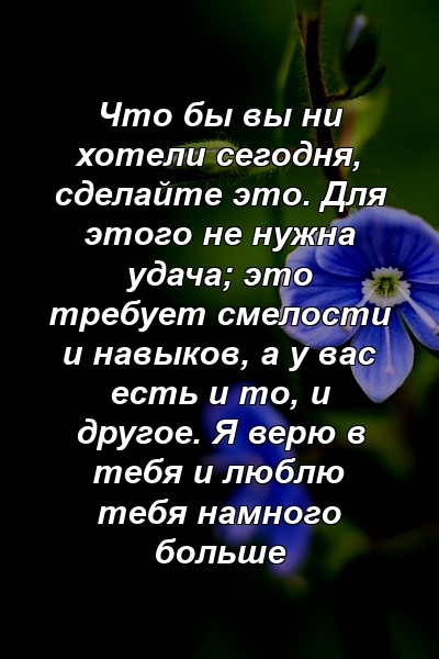 Что бы вы ни хотели сегодня, сделайте это. Для этого не нужна удача; это требует смелости и навыков, а у вас есть и то, и другое. Я верю в тебя и люблю тебя намного больше