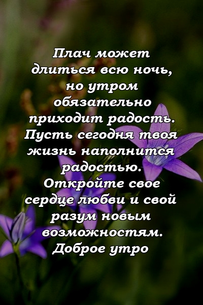 Плач может длиться всю ночь, но утром обязательно приходит радость. Пусть сегодня твоя жизнь наполнится радостью. Откройте свое сердце любви и свой разум новым возможностям. Доброе утро