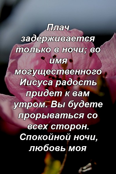 Плач задерживается только в ночи; во имя могущественного Иисуса радость придет к вам утром. Вы будете прорываться со всех сторон. Спокойной ночи, любовь моя