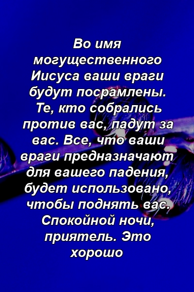 Во имя могущественного Иисуса ваши враги будут посрамлены. Те, кто собрались против вас, падут за вас. Все, что ваши враги предназначают для вашего падения, будет использовано, чтобы поднять вас. Спокойной ночи, приятель. Это хорошо