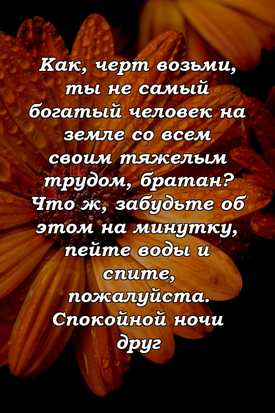 Как, черт возьми, ты не самый богатый человек на земле со всем своим тяжелым трудом, братан? Что ж, забудьте об этом на минутку, пейте воды и спите, пожалуйста. Спокойной ночи друг