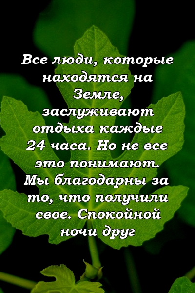 Все люди, которые находятся на Земле, заслуживают отдыха каждые 24 часа. Но не все это понимают. Мы благодарны за то, что получили свое. Спокойной ночи друг