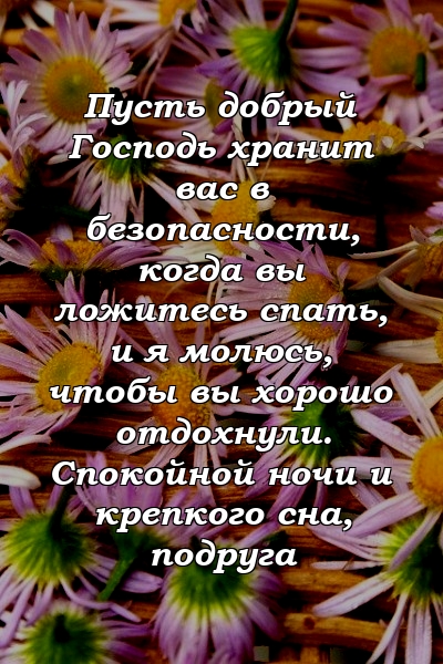 Пусть добрый Господь хранит вас в безопасности, когда вы ложитесь спать, и я молюсь, чтобы вы хорошо отдохнули. Спокойной ночи и крепкого сна, подруга