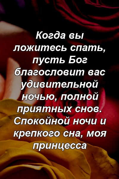 Когда вы ложитесь спать, пусть Бог благословит вас удивительной ночью, полной приятных снов. Спокойной ночи и крепкого сна, моя принцесса