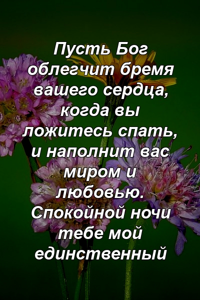 Пусть Бог облегчит бремя вашего сердца, когда вы ложитесь спать, и наполнит вас миром и любовью. Спокойной ночи тебе мой единственный