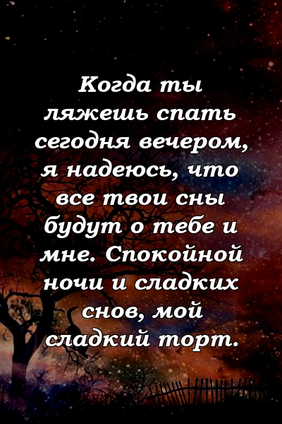 Когда ты ляжешь спать сегодня вечером, я надеюсь, что все твои сны будут о тебе и мне. Спокойной ночи и сладких снов, мой сладкий торт.