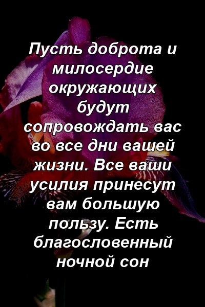 Пусть доброта и милосердие окружающих будут сопровождать вас во все дни вашей жизни. Все ваши усилия принесут вам большую пользу. Есть благословенный ночной сон