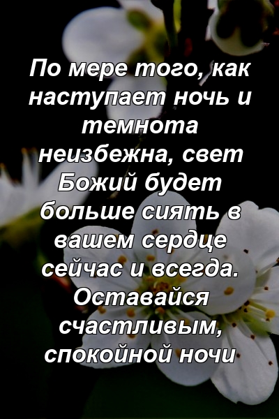 По мере того, как наступает ночь и темнота неизбежна, свет Божий будет больше сиять в вашем сердце сейчас и всегда. Оставайся счастливым, спокойной ночи