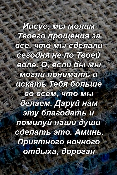 Иисус, мы молим Твоего прощения за все, что мы сделали сегодня не по Твоей воле. О, если бы мы могли понимать и искать Тебя больше во всем, что мы делаем. Даруй нам эту благодать и помилуй наши души сделать это. Аминь. Приятного ночного отдыха, дорогая