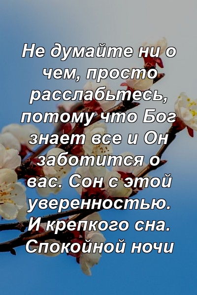 Не думайте ни о чем, просто расслабьтесь, потому что Бог знает все и Он заботится о вас. Сон с этой уверенностью. И крепкого сна. Спокойной ночи