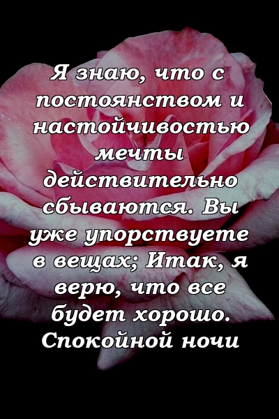 Я знаю, что с постоянством и настойчивостью мечты действительно сбываются. Вы уже упорствуете в вещах; Итак, я верю, что все будет хорошо. Спокойной ночи