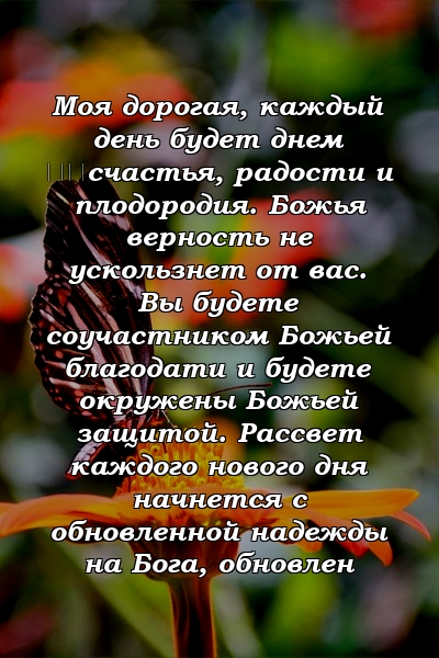 Моя дорогая, каждый день будет днем ​​счастья, радости и плодородия. Божья верность не ускользнет от вас. Вы будете соучастником Божьей благодати и будете окружены Божьей защитой. Рассвет каждого нового дня начнется с обновленной надежды на Бога, обновлен