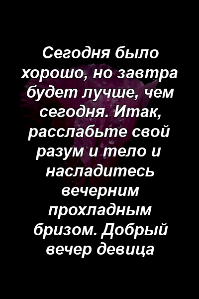 Сегодня было хорошо, но завтра будет лучше, чем сегодня. Итак, расслабьте свой разум и тело и насладитесь вечерним прохладным бризом. Добрый вечер девица