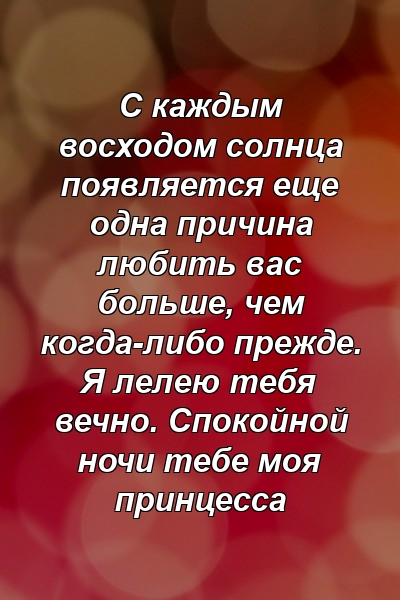 С каждым восходом солнца появляется еще одна причина любить вас больше, чем когда-либо прежде. Я лелею тебя вечно. Спокойной ночи тебе моя принцесса