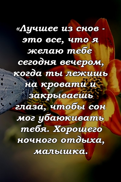 «Лучшее из снов - это все, что я желаю тебе сегодня вечером, когда ты лежишь на кровати и закрываешь глаза, чтобы сон мог убаюкивать тебя. Хорошего ночного отдыха, малышка.