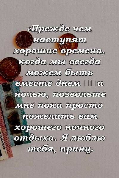 «Прежде чем наступят хорошие времена, когда мы всегда можем быть вместе днем ​​и ночью, позвольте мне пока просто пожелать вам хорошего ночного отдыха. Я люблю тебя, принц.