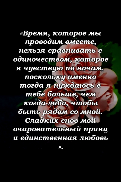 «Время, которое мы проводим вместе, нельзя сравнивать с одиночеством, которое я чувствую по ночам, поскольку именно тогда я нуждаюсь в тебе больше, чем когда-либо, чтобы быть рядом со мной. Сладких снов мой очаровательный принц и единственная любовь ».