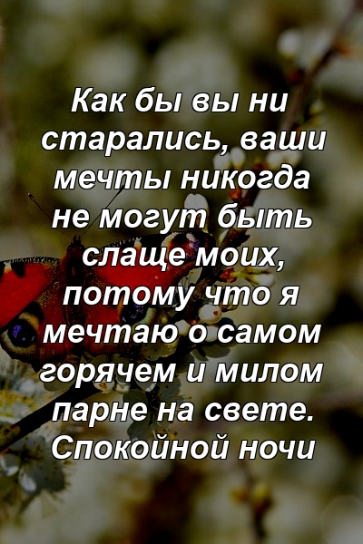 Как бы вы ни старались, ваши мечты никогда не могут быть слаще моих, потому что я мечтаю о самом горячем и милом парне на свете. Спокойной ночи