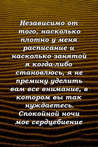 Независимо от того, насколько плотно у меня расписание и насколько занятой я когда-либо становлюсь, я не премину уделить вам все внимание, в котором вы так нуждаетесь. Спокойной ночи мое сердцебиение