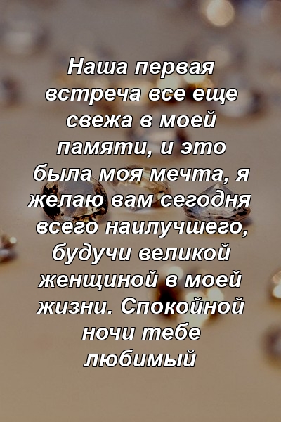 Наша первая встреча все еще свежа в моей памяти, и это была моя мечта, я желаю вам сегодня всего наилучшего, будучи великой женщиной в моей жизни. Спокойной ночи тебе любимый