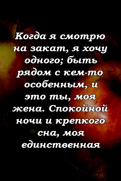 Когда я смотрю на закат, я хочу одного; быть рядом с кем-то особенным, и это ты, моя жена. Спокойной ночи и крепкого сна, моя единственная