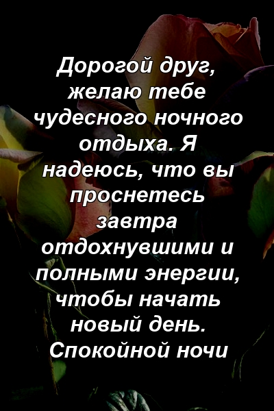 Дорогой друг, желаю тебе чудесного ночного отдыха. Я надеюсь, что вы проснетесь завтра отдохнувшими и полными энергии, чтобы начать новый день. Спокойной ночи