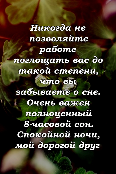 Никогда не позволяйте работе поглощать вас до такой степени, что вы забываете о сне. Очень важен полноценный 8-часовой сон. Спокойной ночи, мой дорогой друг