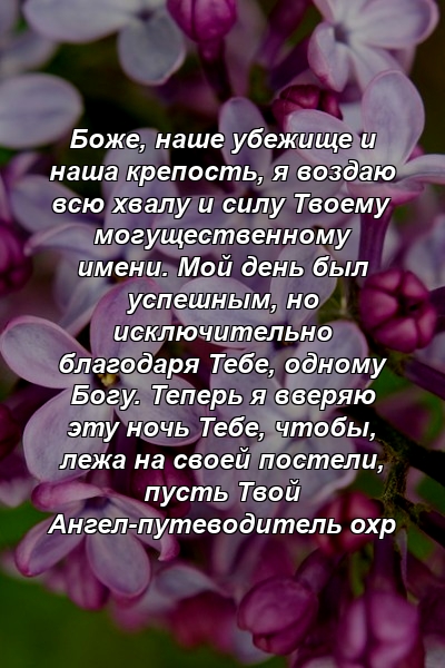 Боже, наше убежище и наша крепость, я воздаю всю хвалу и силу Твоему могущественному имени. Мой день был успешным, но исключительно благодаря Тебе, одному Богу. Теперь я вверяю эту ночь Тебе, чтобы, лежа на своей постели, пусть Твой Ангел-путеводитель охр