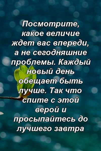 Посмотрите, какое величие ждет вас впереди, а не сегодняшние проблемы. Каждый новый день обещает быть лучше. Так что спите с этой верой и просыпайтесь до лучшего завтра