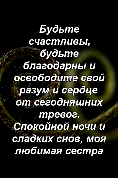 Будьте счастливы, будьте благодарны и освободите свой разум и сердце от сегодняшних тревог. Спокойной ночи и сладких снов, моя любимая сестра