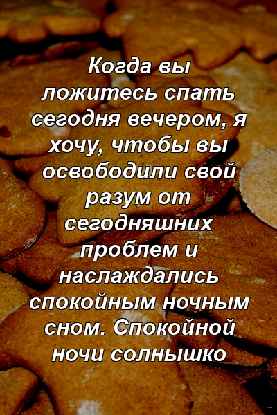 Когда вы ложитесь спать сегодня вечером, я хочу, чтобы вы освободили свой разум от сегодняшних проблем и наслаждались спокойным ночным сном. Спокойной ночи солнышко